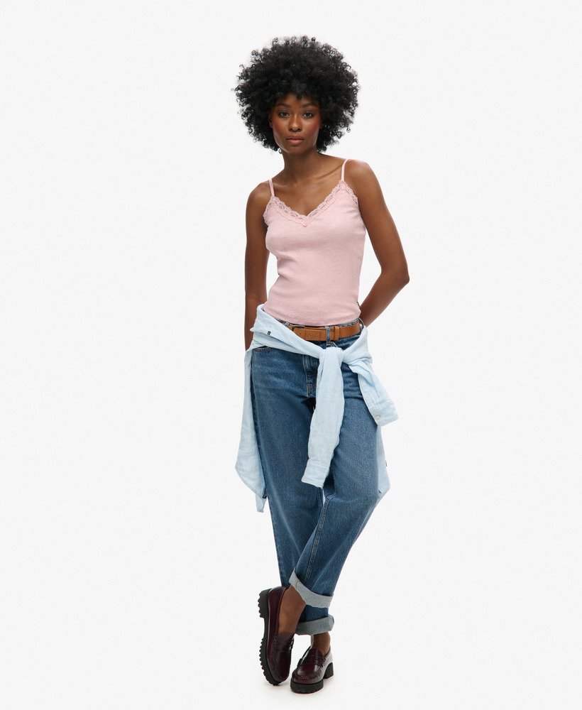 bluzka na ramiączkach z bawełny organicznej w stylu vintage z koronkowym wykończeniem w kolorze la soft pink marl