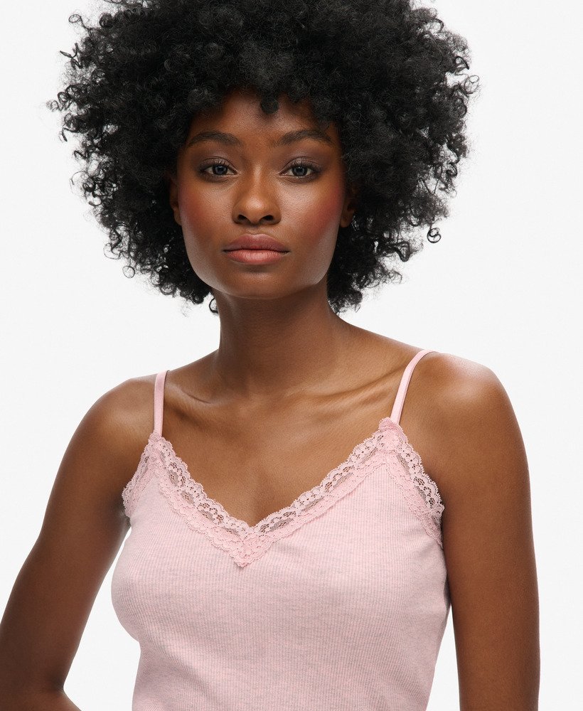 bluzka na ramiączkach z bawełny organicznej w stylu vintage z koronkowym wykończeniem w kolorze la soft pink marl