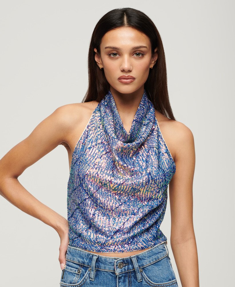 top z dekoltem halter i cekinami w kolorze wielokolorowym