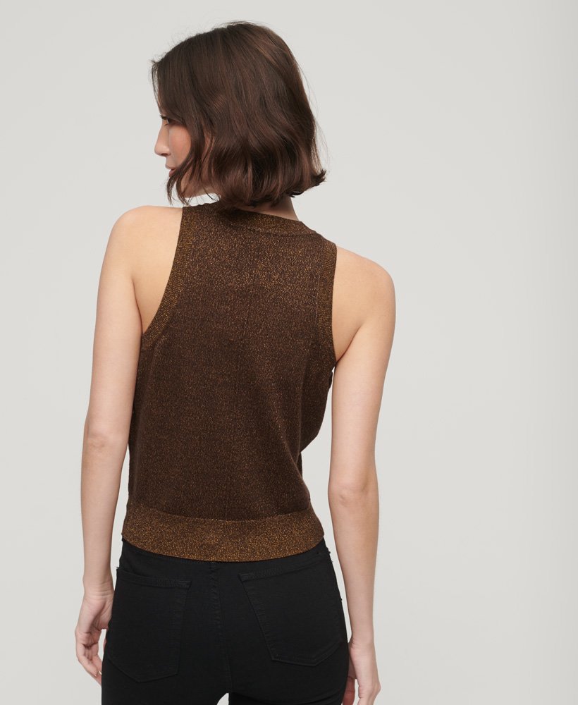 top kamizelka z dzianiny merino z okrągłym dekoltem w kolorze denim co tabacco brown metallic