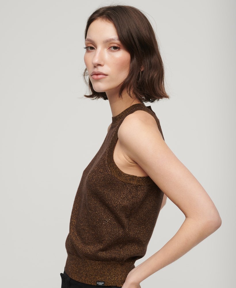 top kamizelka z dzianiny merino z okrągłym dekoltem w kolorze denim co tabacco brown metallic