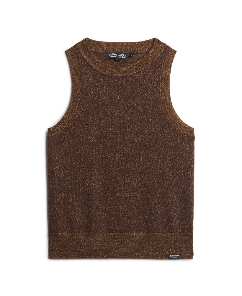 top kamizelka z dzianiny merino z okrągłym dekoltem w kolorze denim co tabacco brown metallic