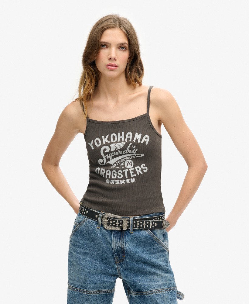 retro rocker graphic rib cami top w kolorze vintage black