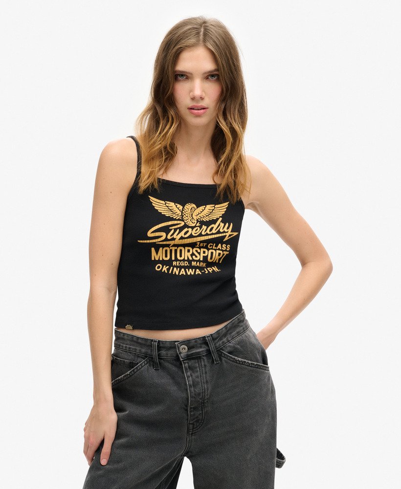 retro rocker graphic rib cami top w kolorze czarnym