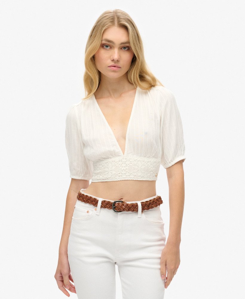 bluzka z krótkim rękawem ibiza z koronkową lamówką w kolorze off white