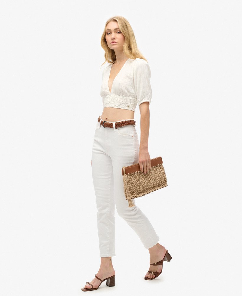bluzka z krótkim rękawem ibiza z koronkową lamówką w kolorze off white