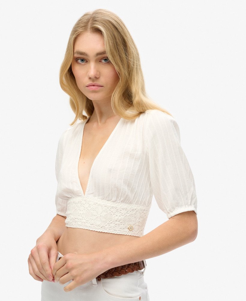 bluzka z krótkim rękawem ibiza z koronkową lamówką w kolorze off white