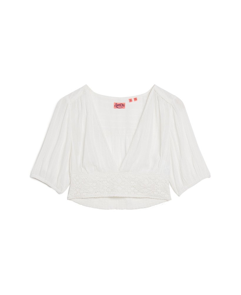 bluzka z krótkim rękawem ibiza z koronkową lamówką w kolorze off white
