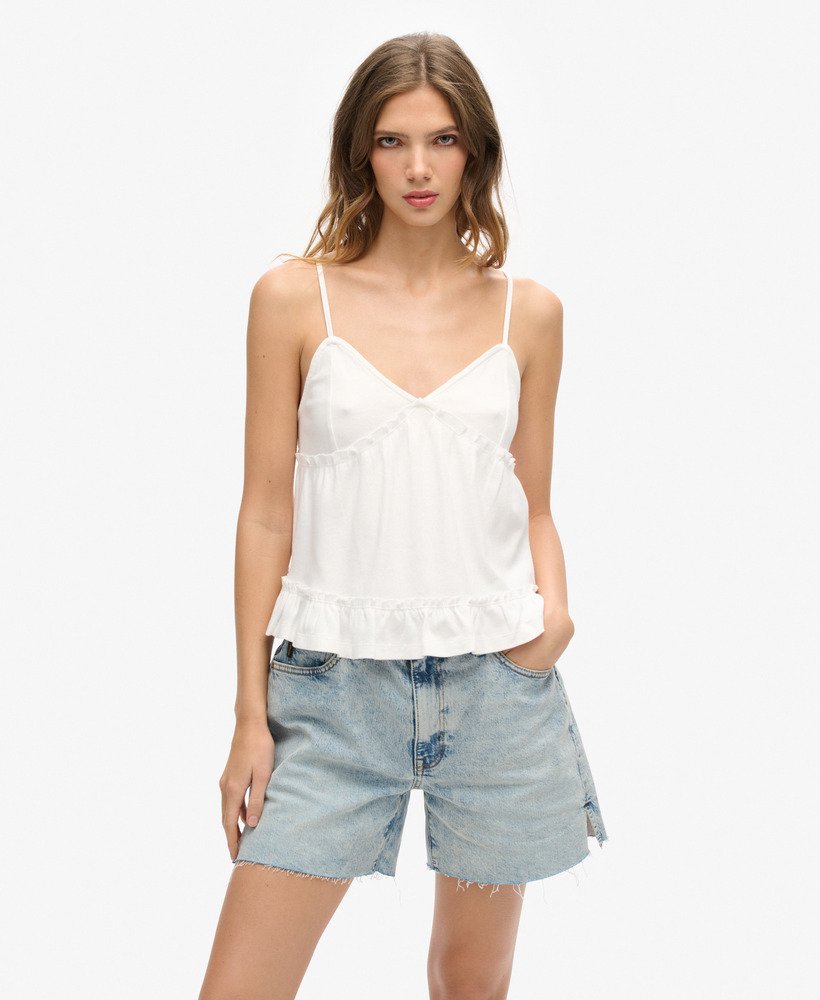 top z warstwową dzianiną na ramiączkach w kolorze off white