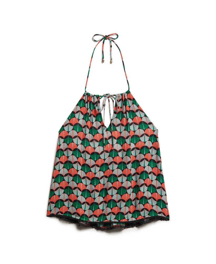 top plażowy typu halter z nadrukiem w kolorze pomarańczowym