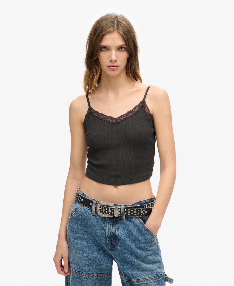 athletic essentials koronkowy krótki top na ramiączkach w kolorze bison black