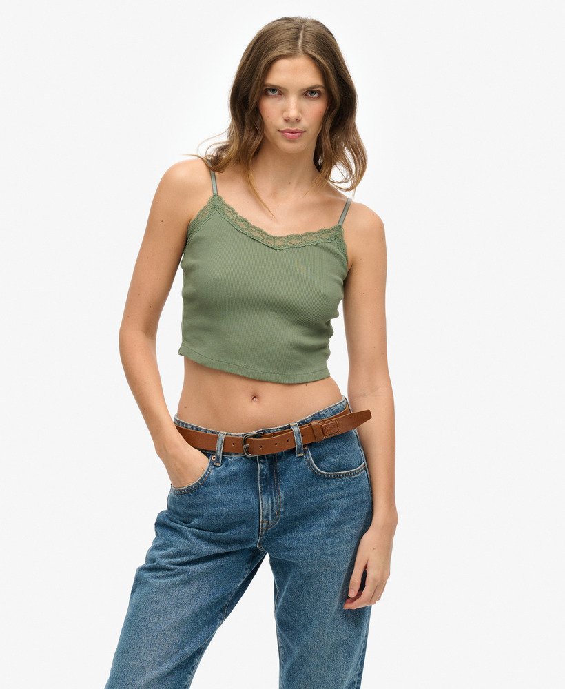 athletic essentials koronkowy krótki top na ramiączkach w kolorze laurel khaki
