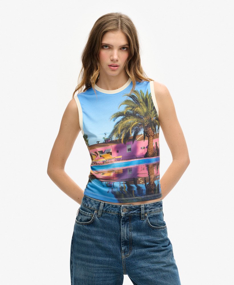 top bez rękawów z nadrukiem sub print w kolorze palm blue aop