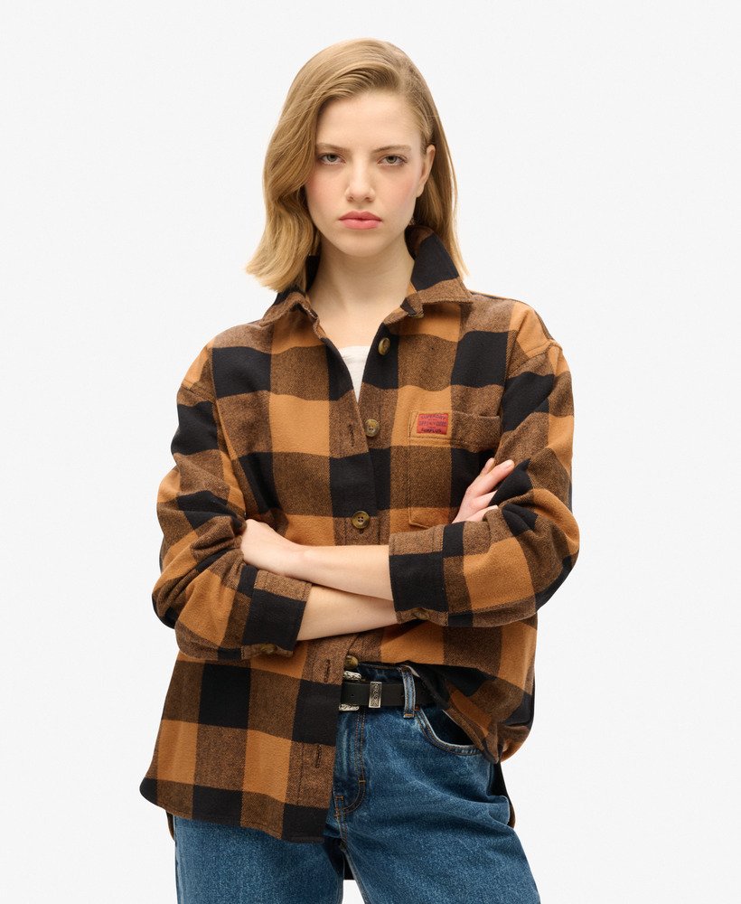 koszula flanelowa w kratkę w kolorze camelowymczarno-bawole