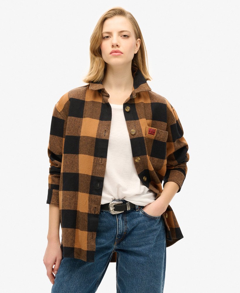 koszula flanelowa w kratkę w kolorze camelowymczarno-bawole