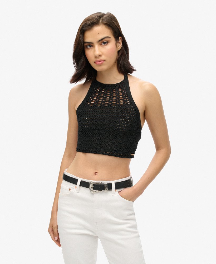 krótki top szydełkowy typu halter w kolorze czarnym