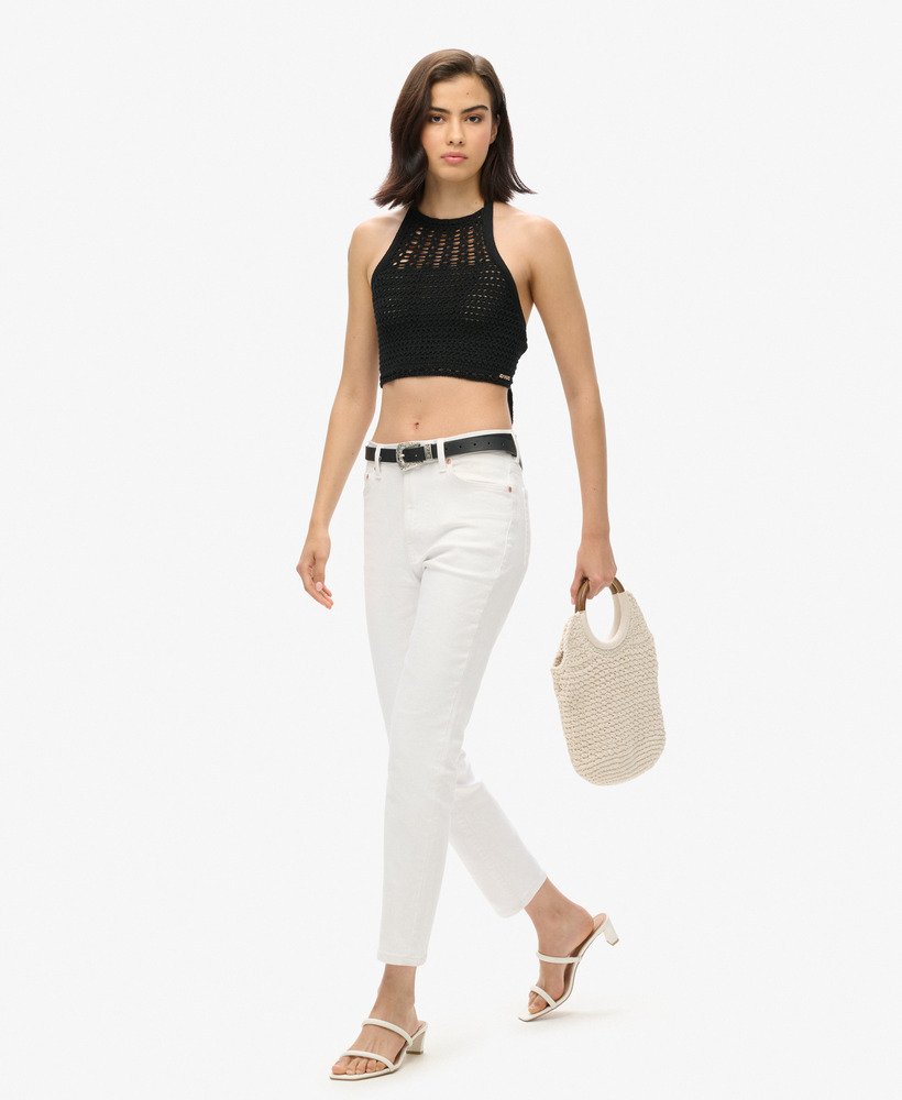 krótki top szydełkowy typu halter w kolorze czarnym