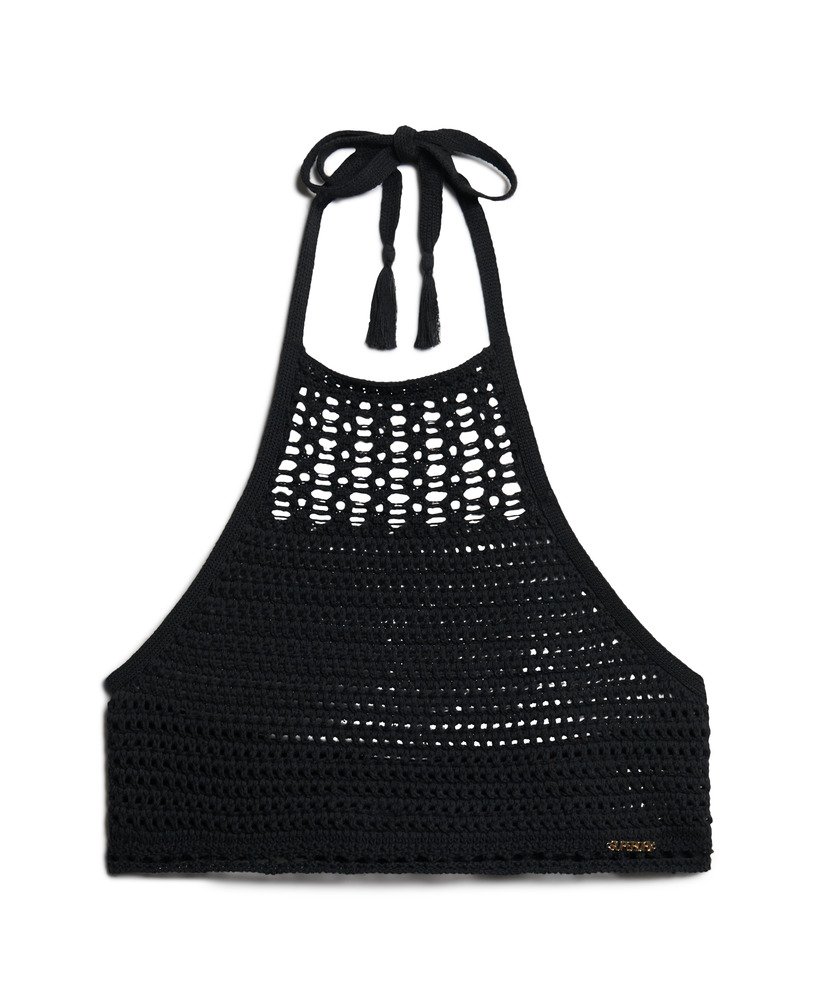 krótki top szydełkowy typu halter w kolorze czarnym