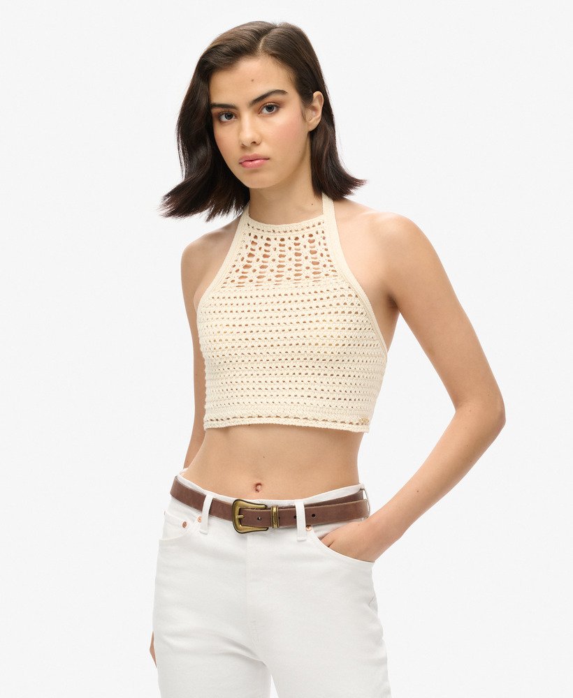 krótki top szydełkowy typu halter w kolorze kremu maślanego