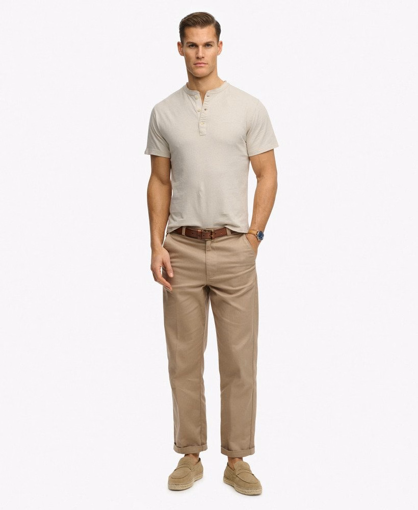 Klasyczny bawełniano-lniany T-shirt z krótkim rękawem Henley