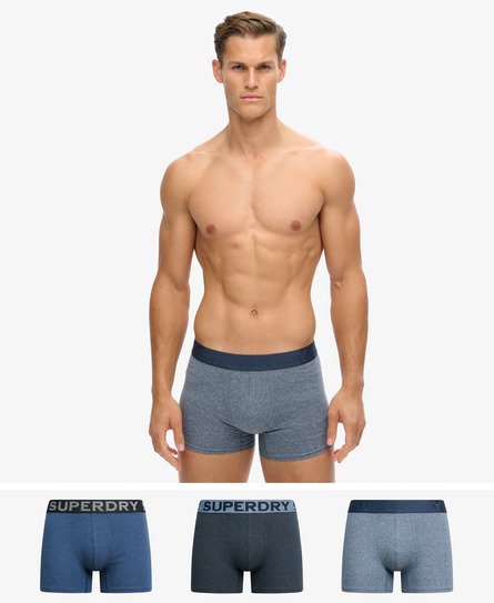 trzy pary bawełnianych bokserek z bawełny organicznej w kolorze frosted navy gritdark indigo marlnavy marl
