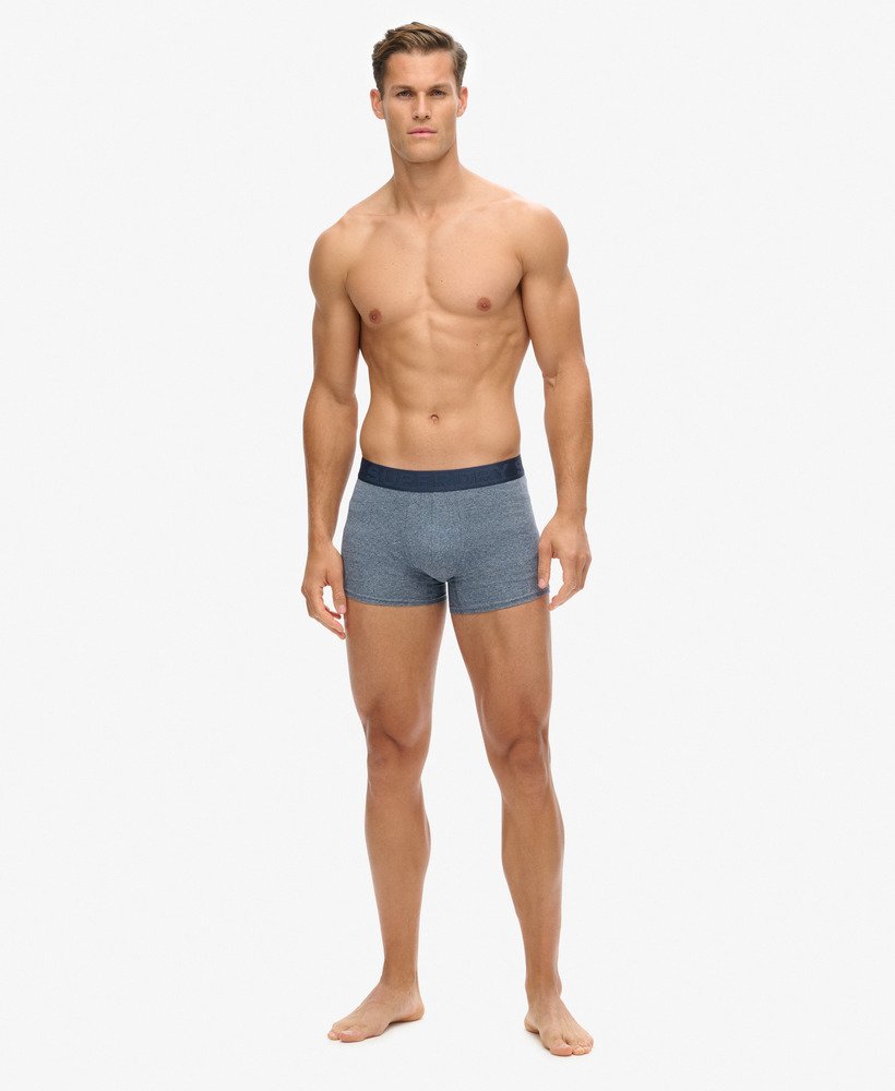 trzy pary bawełnianych bokserek z bawełny organicznej w kolorze frosted navy gritdark indigo marlnavy marl